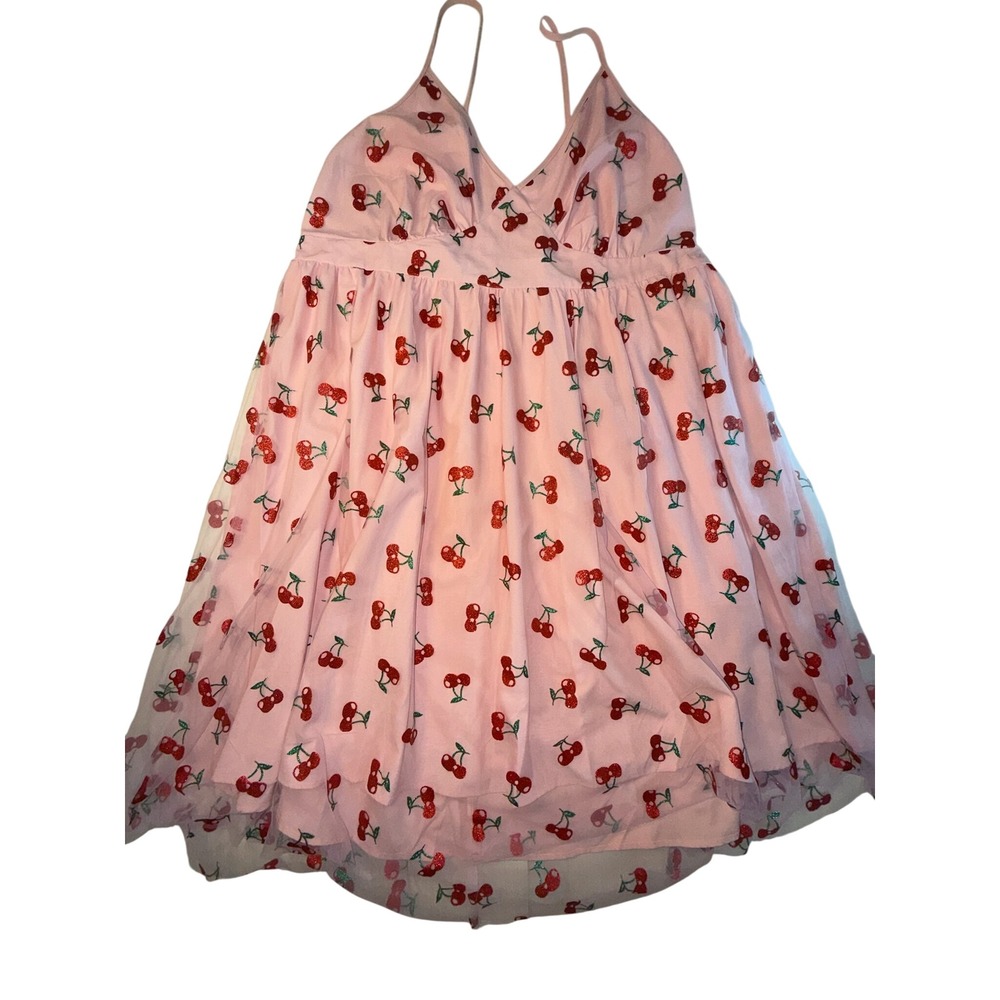 Shein Curve Pink Cherry Print Mesh Overlay Maxi Dress Plus Size 3XL V-Neck
